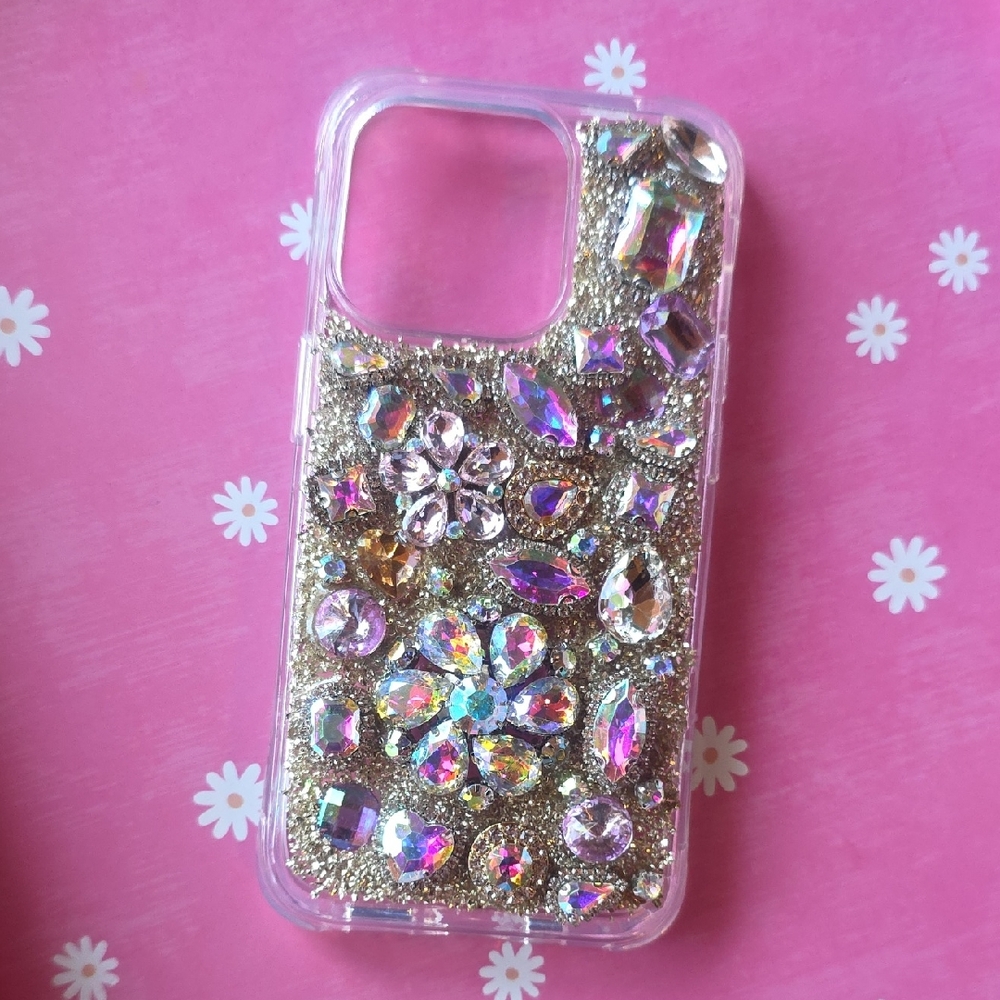 Iphone 14 Pro Case Glittering Crystal Phone Case - Gold and Purple